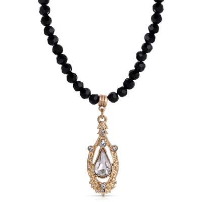 Minuit Black Glass Strand Bead Crystal Pendant Necklace 15" + 3" Extender