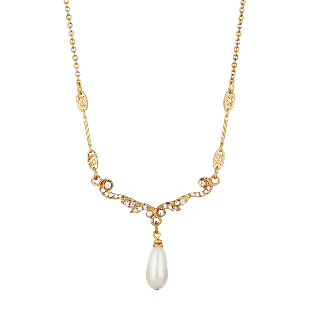 Edwardian Teardrop Faux Pearl Crystal Necklace 16" + 3" Extender
