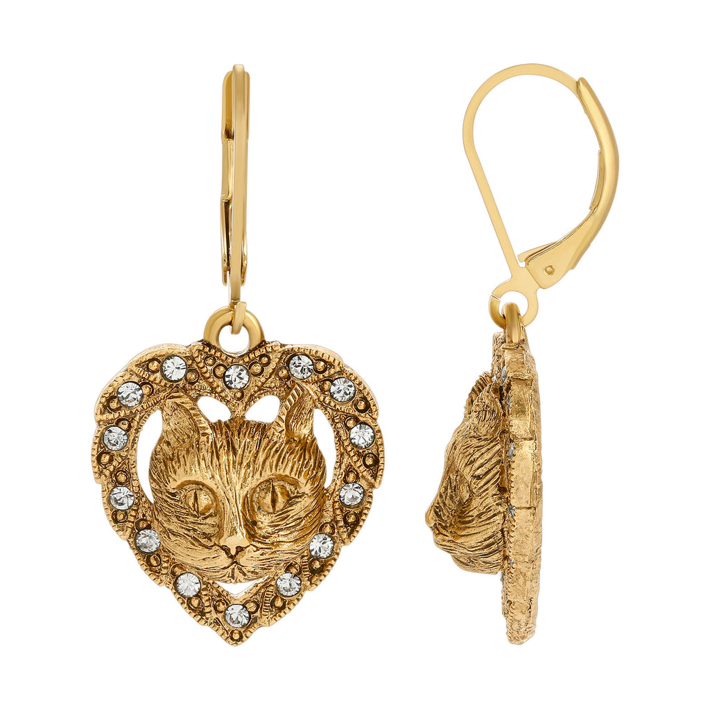 Heart And Cat Crystal Accent Lever Back Earrings