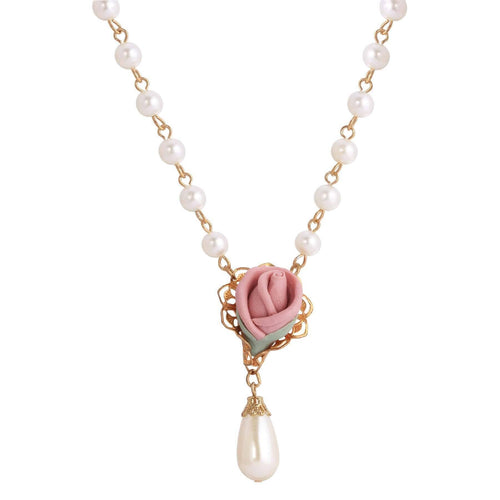 1928 Jewelry Pink Porcelain Rose Bud Faux Pearl Pendant Necklace