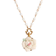 White Garden Rose Faux Pearl Necklace 16" + 3" Extender