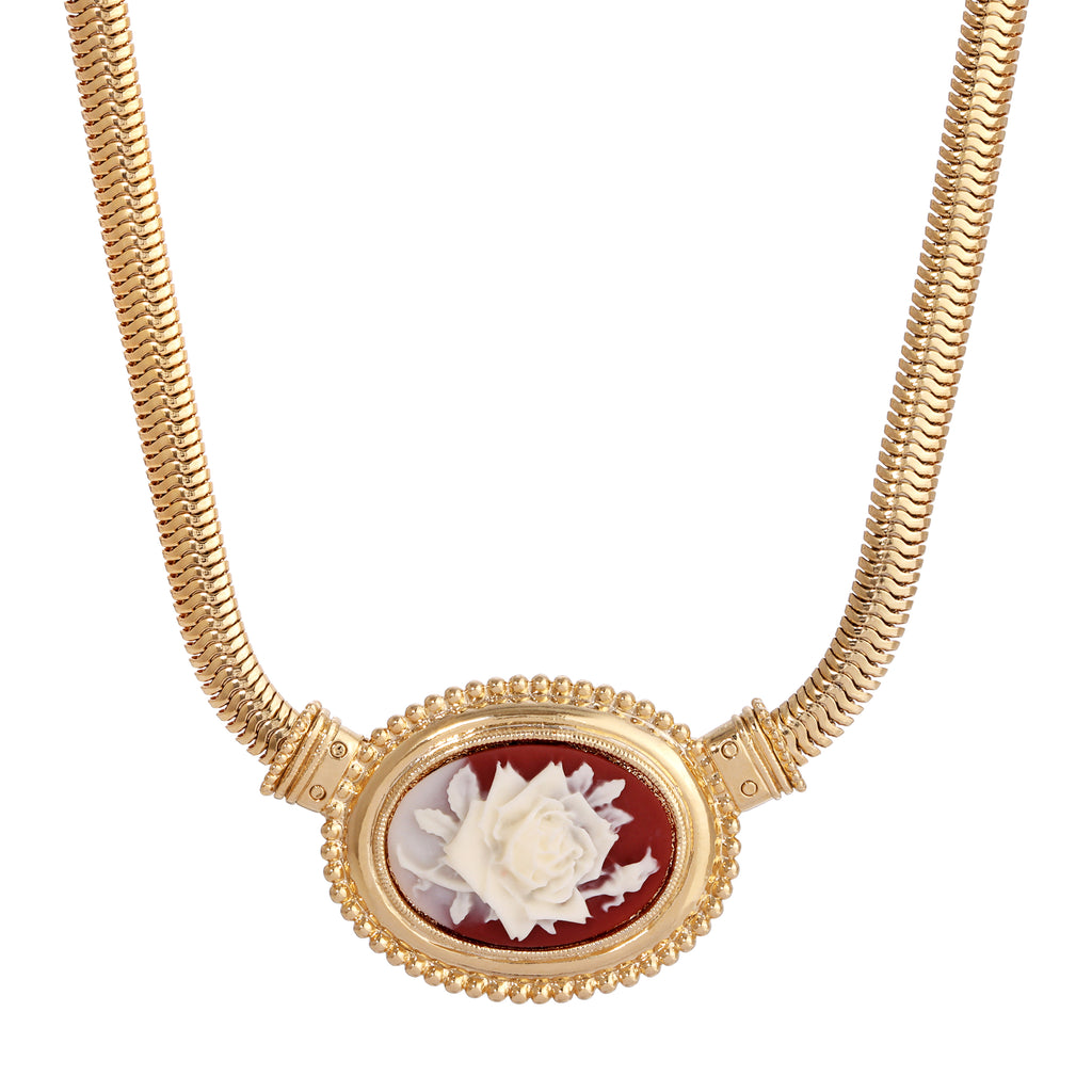 Oval Ivory Flower Carnelian Red Cameo Snake Chain Necklace 16" + 3" Extender