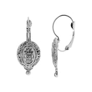 Silver Tone Baroque Insignia Oval Drop Earrings