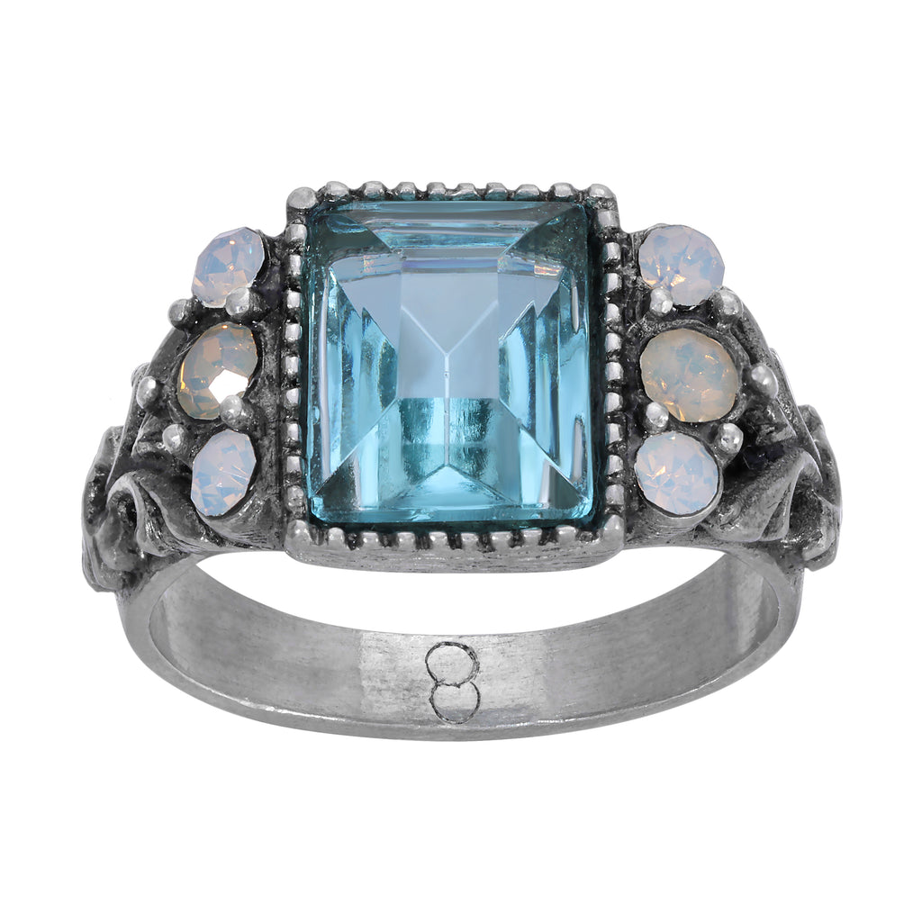 Aquamarine Crystal Rectangular Blue Crystal Opal Stone Ring Size 8
