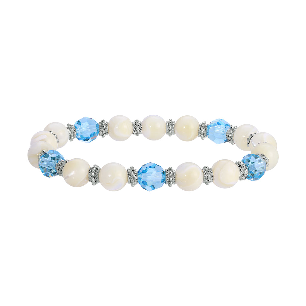 Aquamarine Crystal Mother Of Pearl Stretch Bracelet
