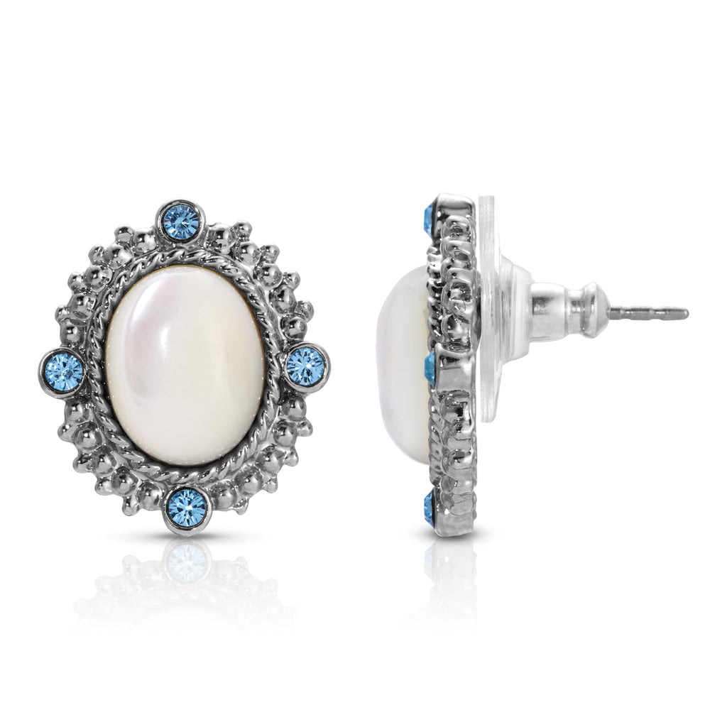 Aquamarine Crystal Mother Of Pearl Post Earrings