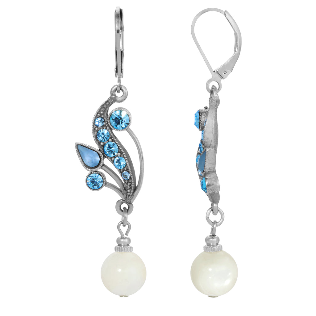 Aquamarine Crystal Mother Of Pearl Drop Earrings