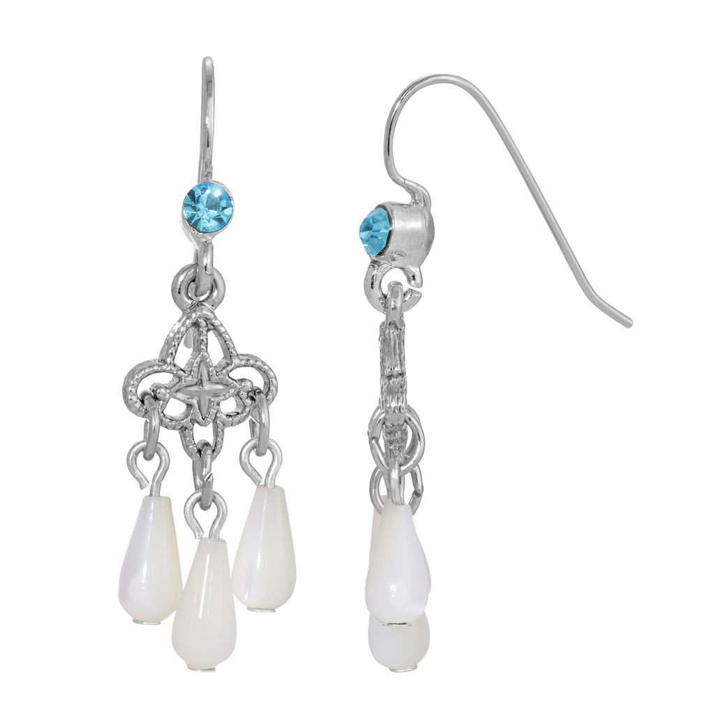 Aquamarine Crystal Mother Of Pearl Chandelier Earrings