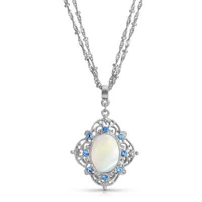 Aquamarine Crystal Mother Of Pearl Filigree Pendant Necklace 16" + 3" Extender