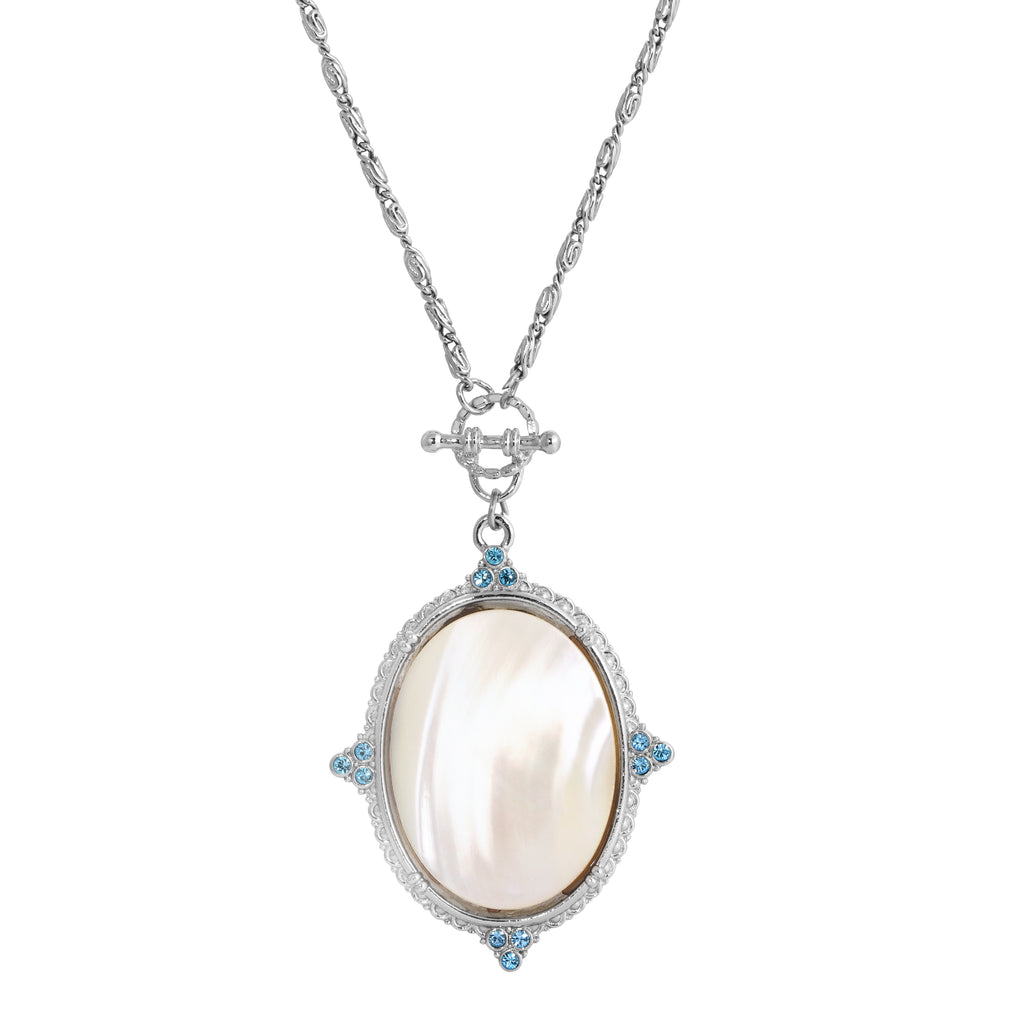 Aquamarine Crystal Mother Of Pearl Oval Pendant Toggle Necklace 30 Inches