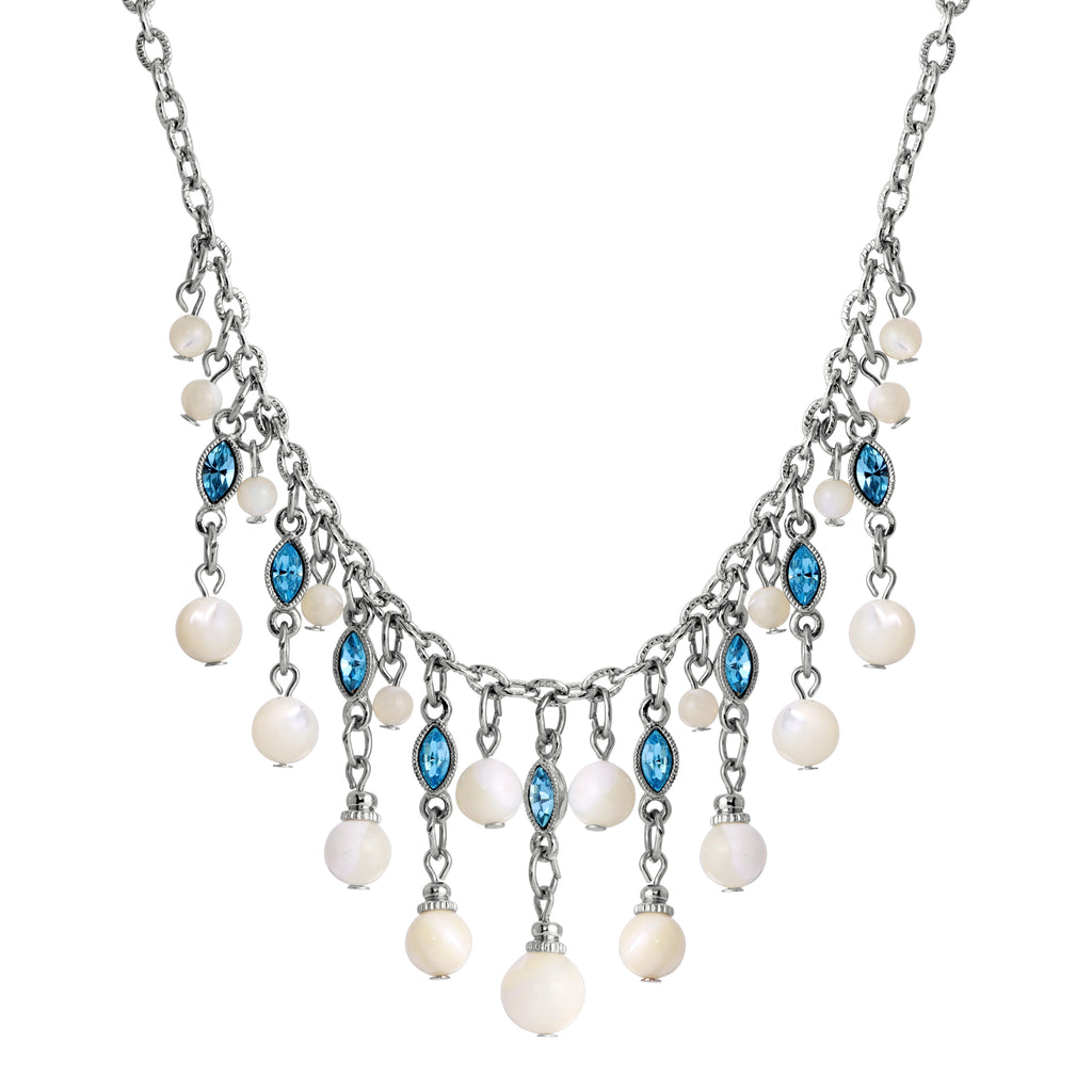 Aquamarine Crystal Mother Of Pearl Bib Necklace 16" + 3" Extender