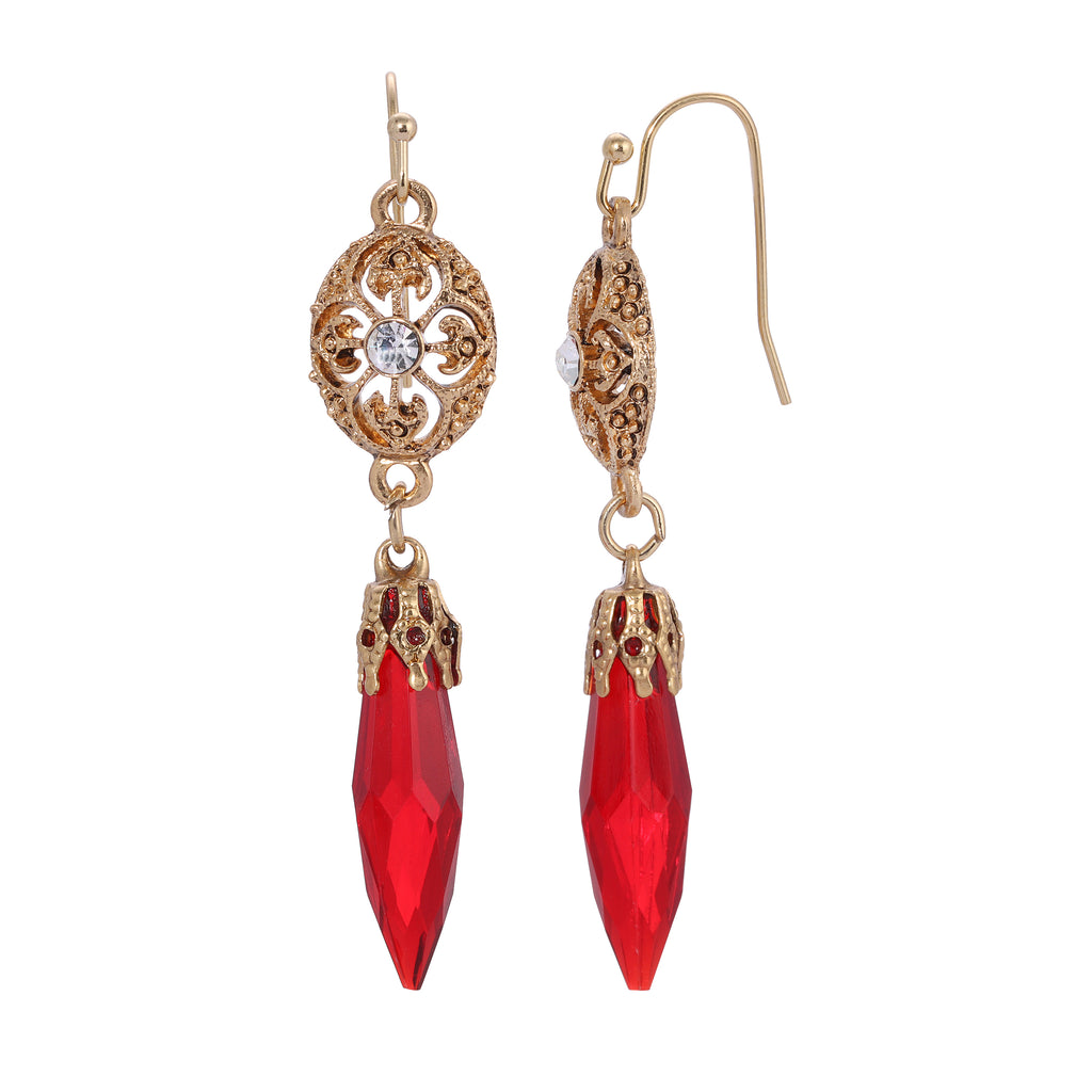 Icicle Drop Oval Filigree Red Crystal Accent Drop Earrings