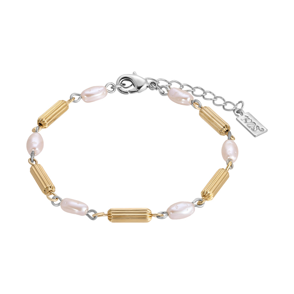 Faux Pearl Rice Bead & Cylindrical Gold Tone Bead Link Bracelet 7" + 1.5" Extension