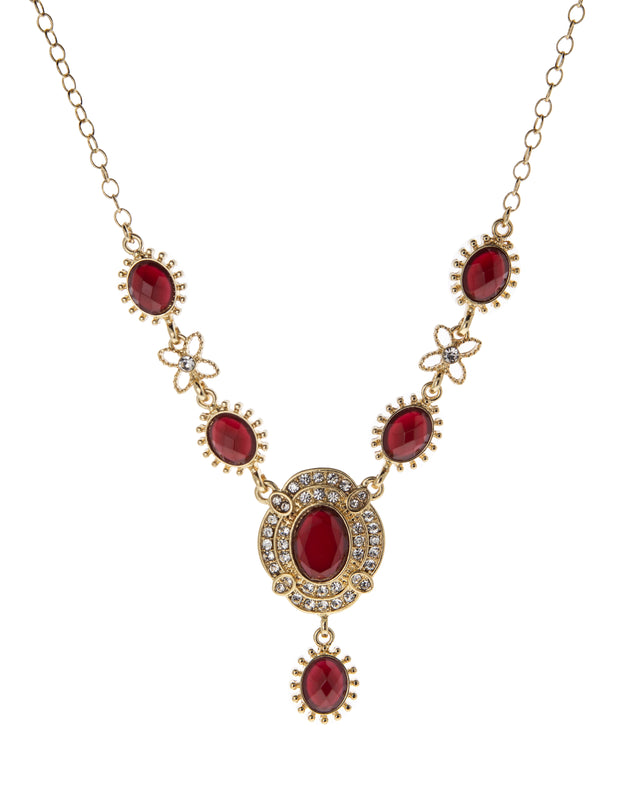Red Sol Oval Stone Crystal Drop Necklace 16" + 3" Extender