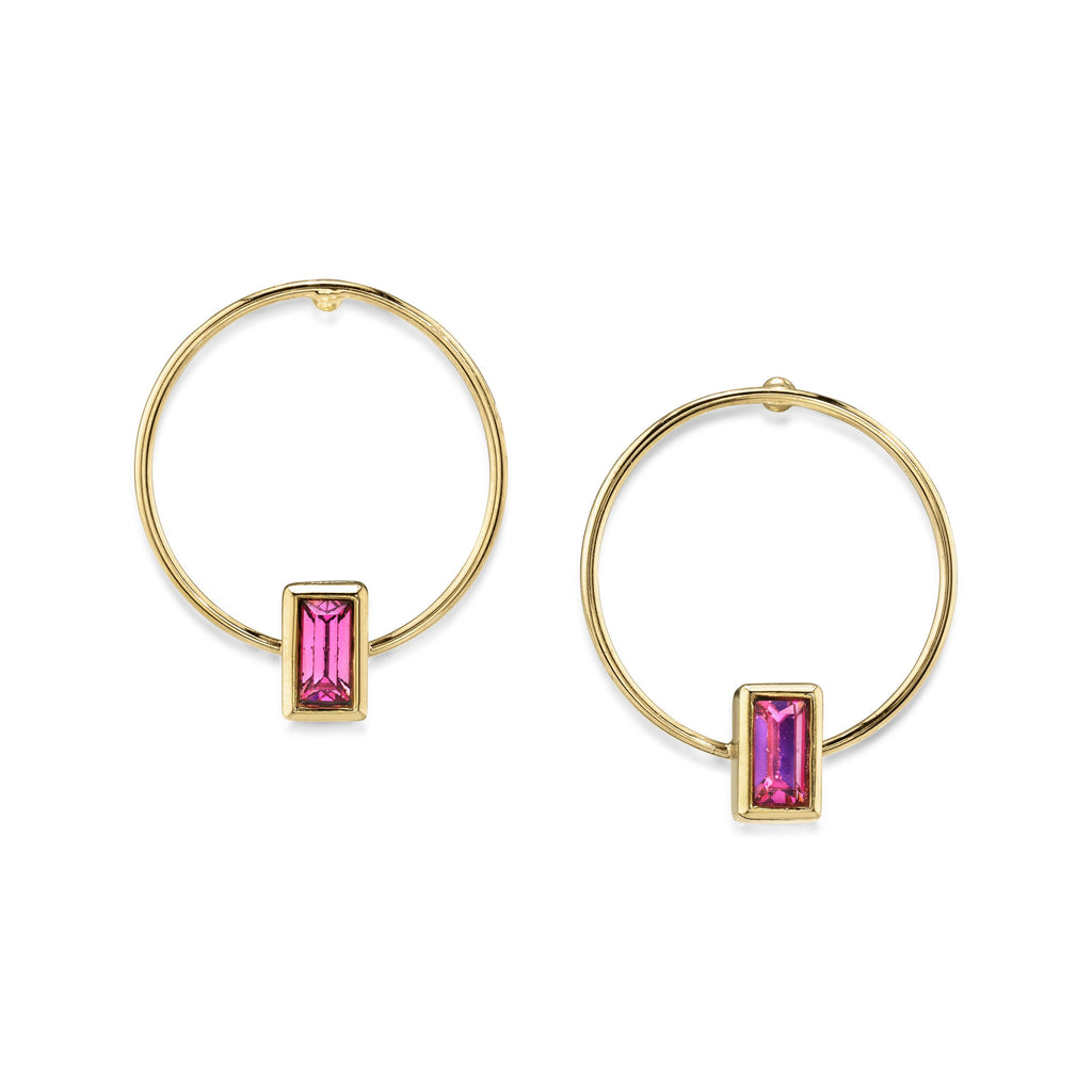 14K Gold Dipped Rectangle Crystal Hoop Post Earring Pink