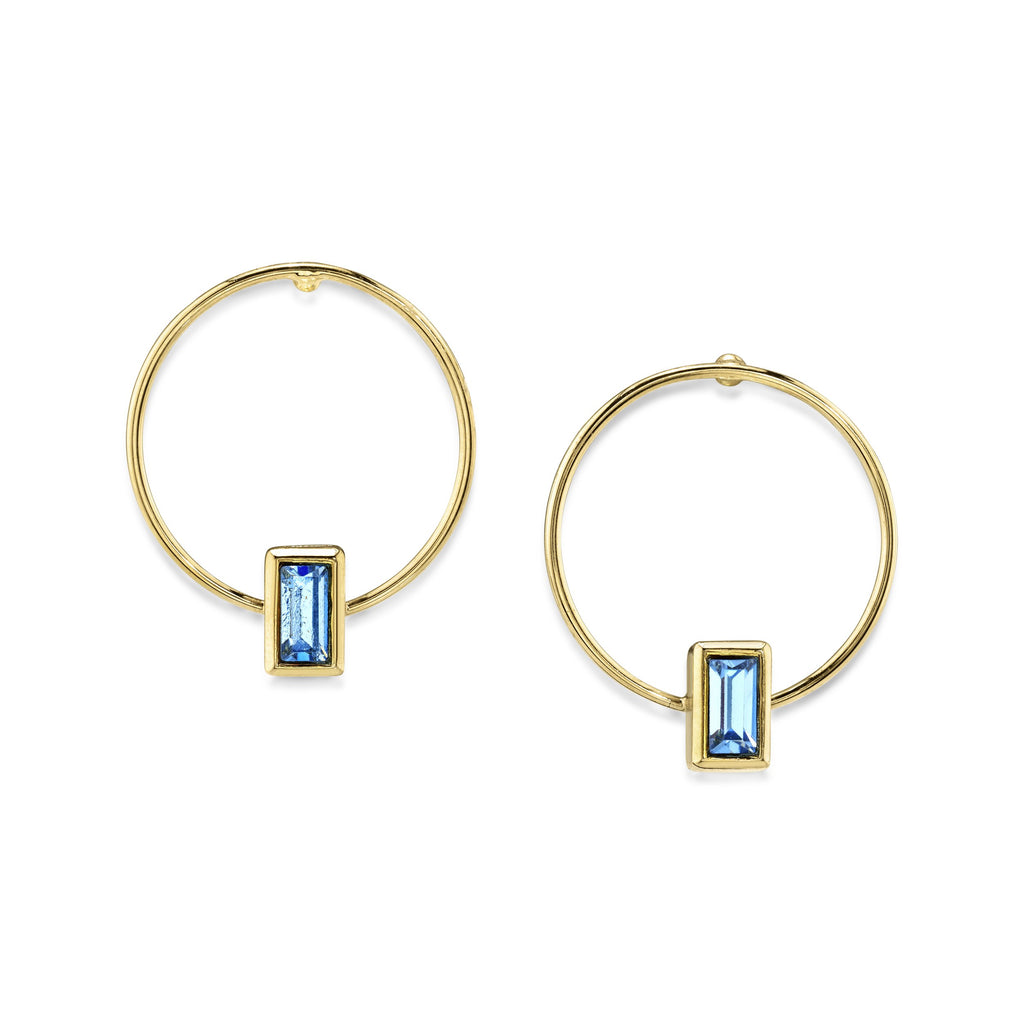 14K Gold Dipped Rectangle Crystal Hoop Post Earring Light Blue