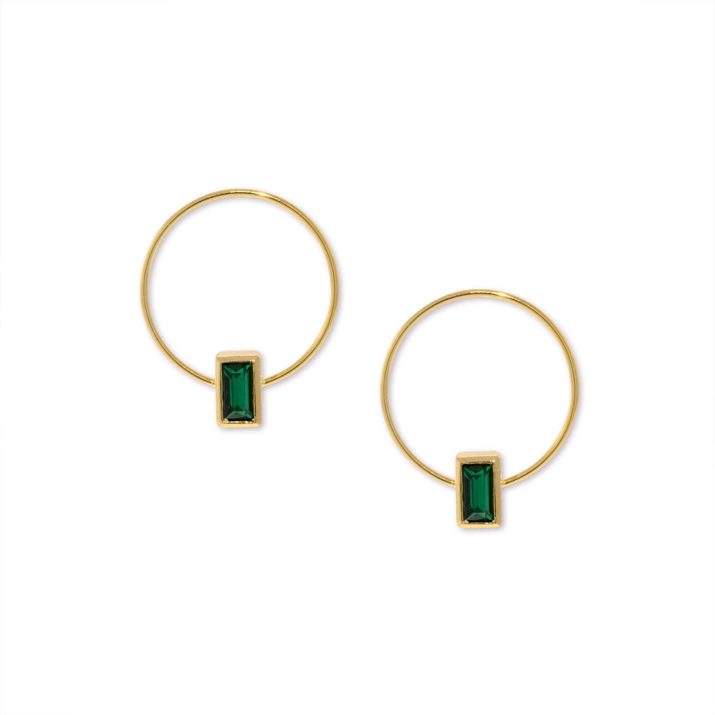 14K Gold Dipped Rectangle Crystal Hoop Post Earring Dark Green