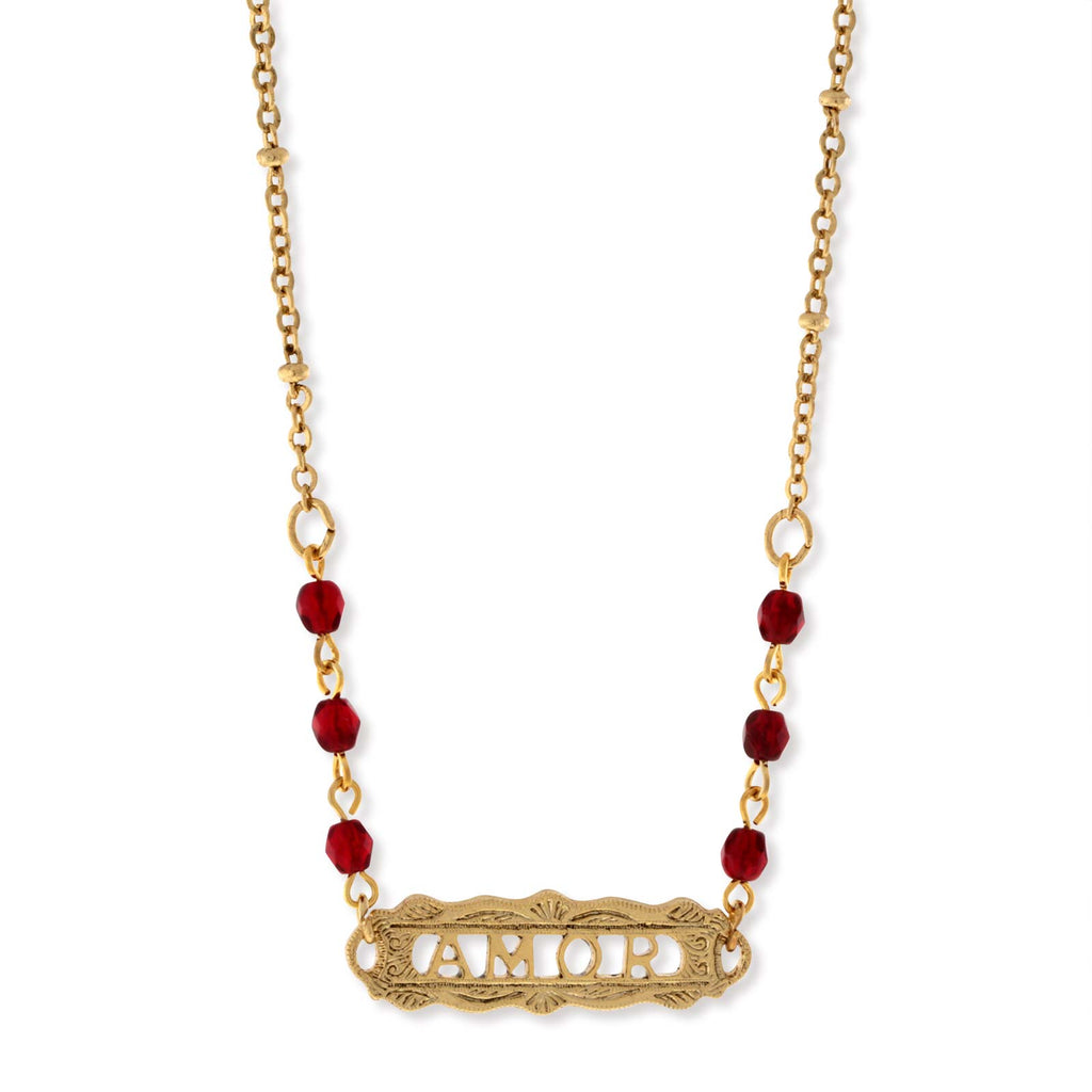 Gold Tone Red Beaded  Amor  Necklace 16  Adj.