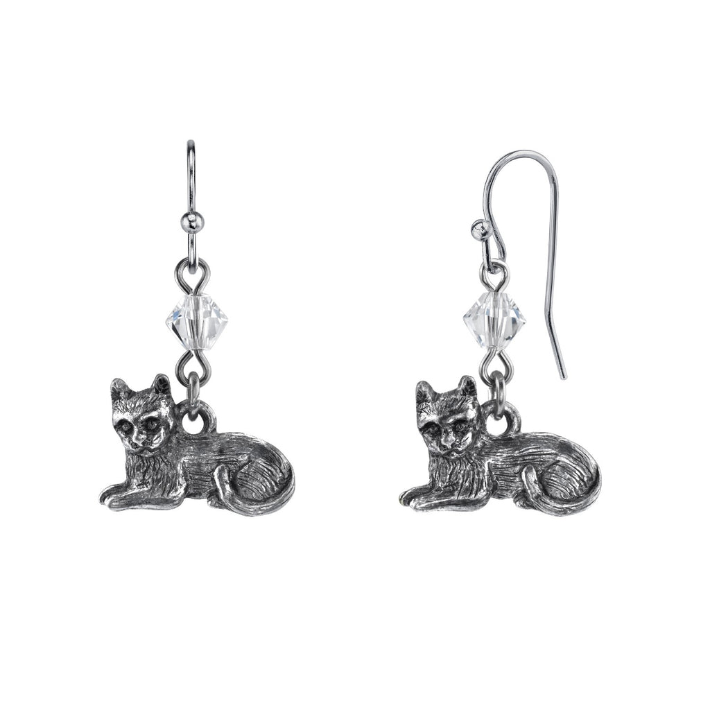 Pewter Cat & Austrian Crystal Element Bead Wire Earrings