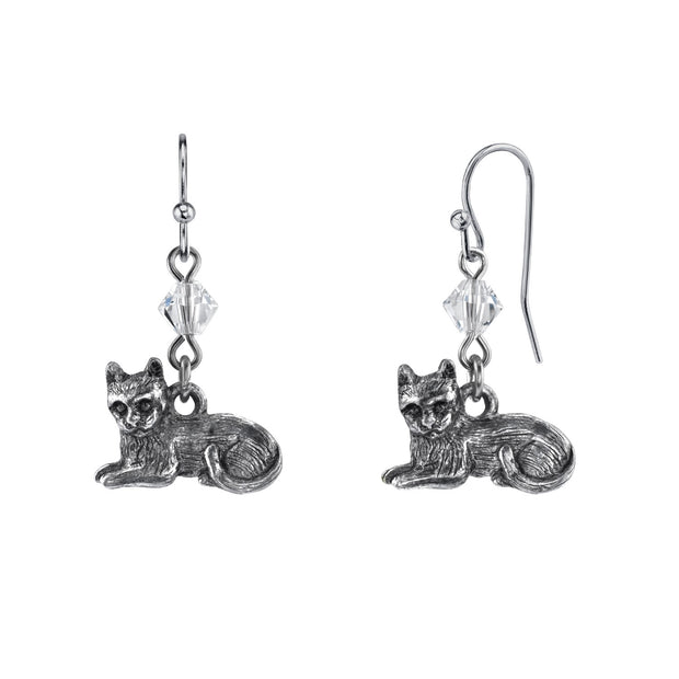 Pewter Cat & Swarovski Crystal Element Bead Wire Earrings