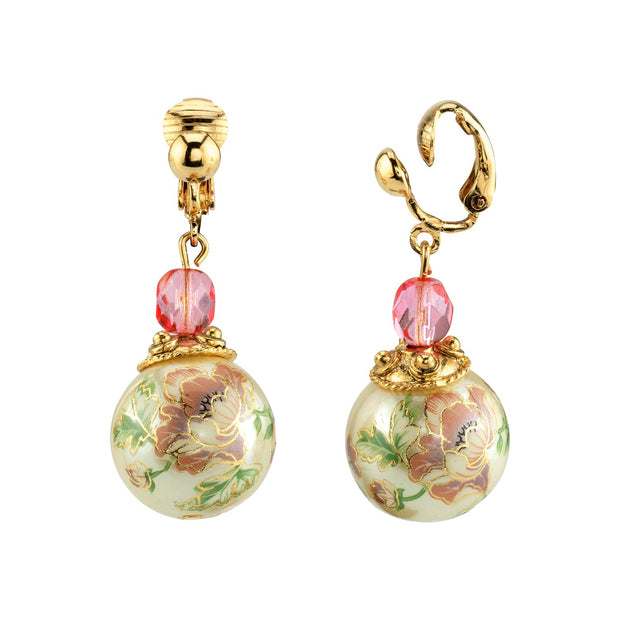 Flower Decal Faux Pearl With Pink Crystal Clip On Drop Earrings