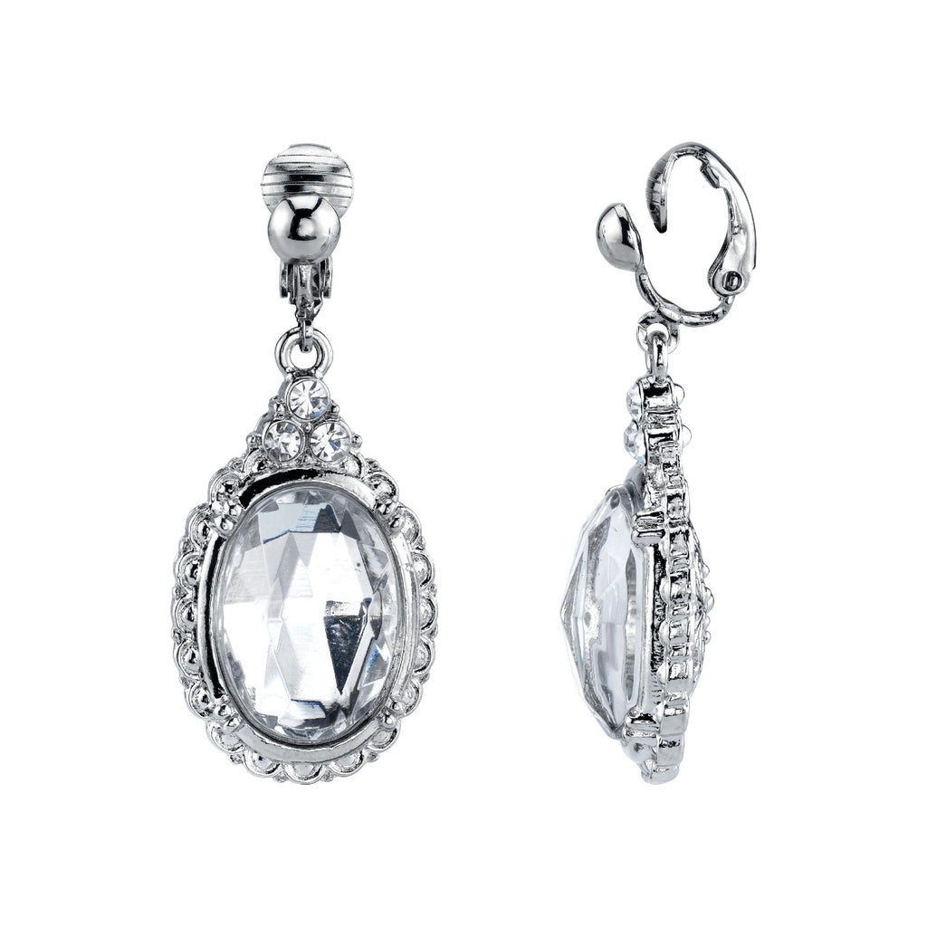 Silver Tone Crystal Oval Clip On Drop Earrings