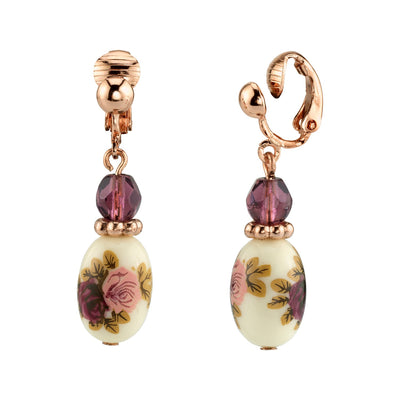Rose Gold Tone Purple Crystal Bead Flower Drop Clip Earrings