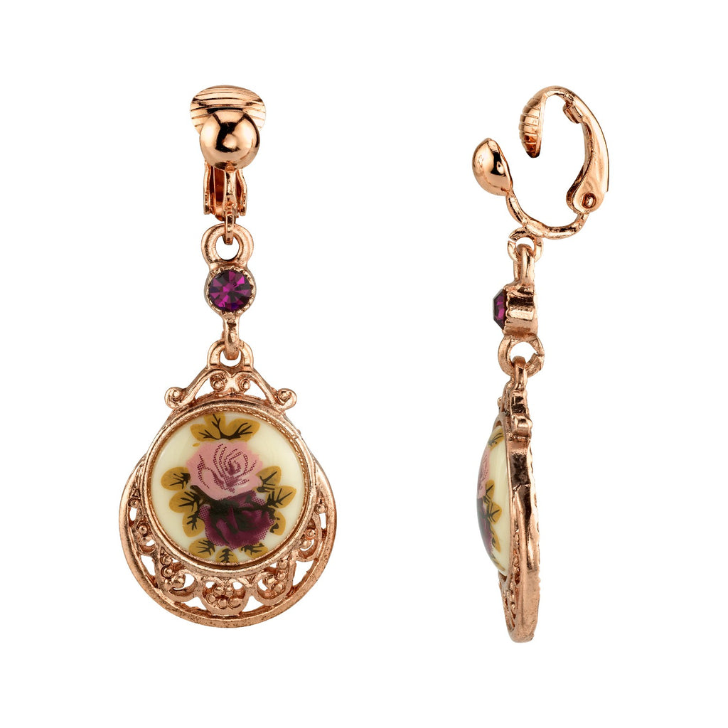 Rose Gold Tone Purple Crystal Flower Clip On Drop Earrings