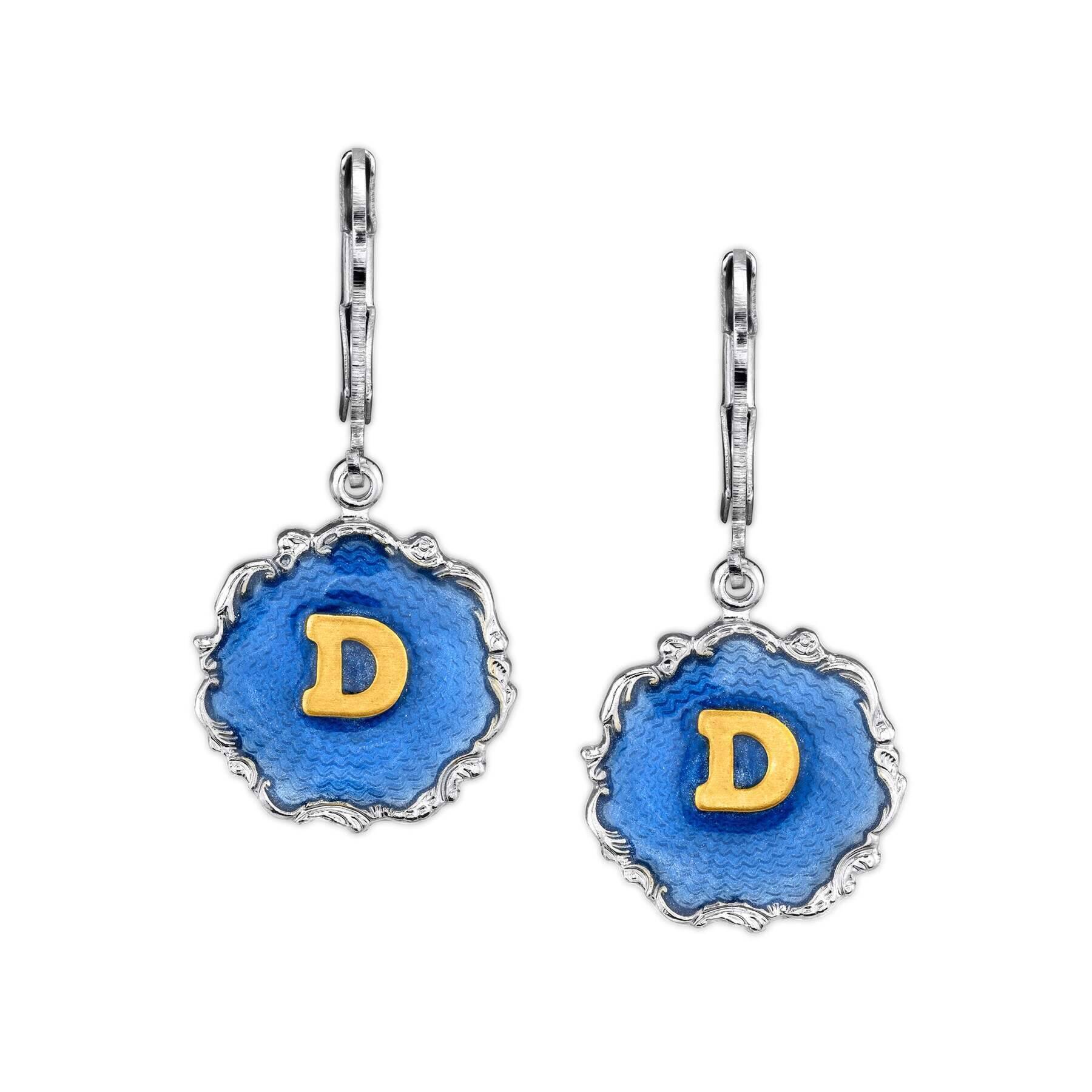 1928 Jewelry Sunburst Blue Enamel Initial Earrings