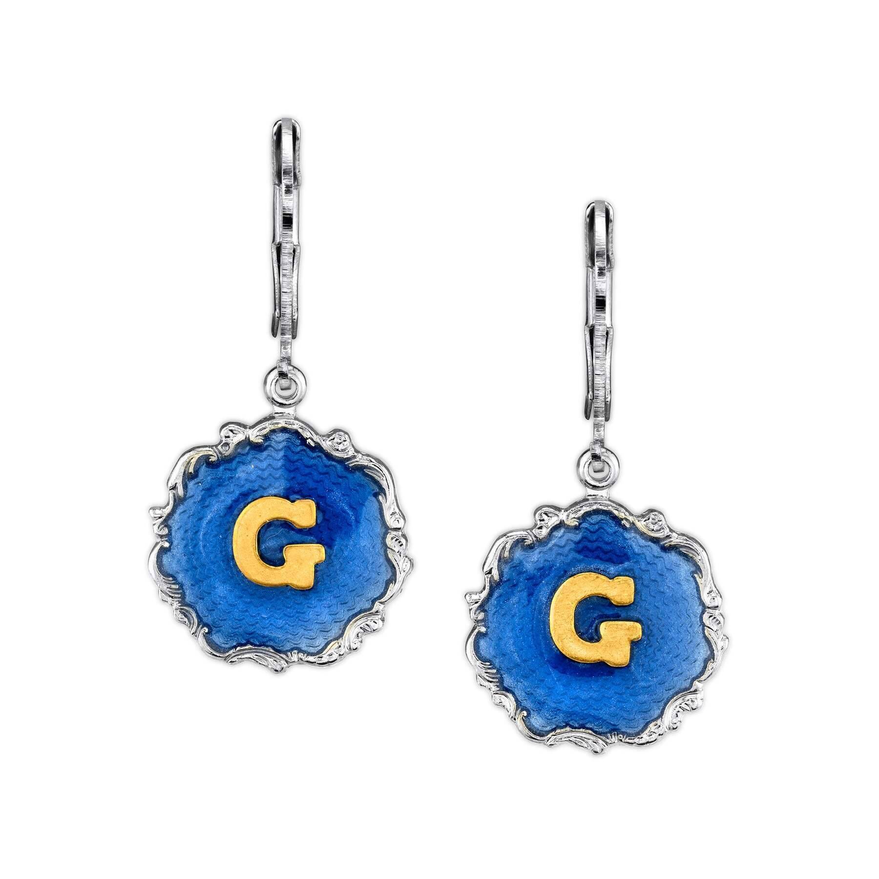 1928 Jewelry Sunburst Blue Enamel Initial Earrings