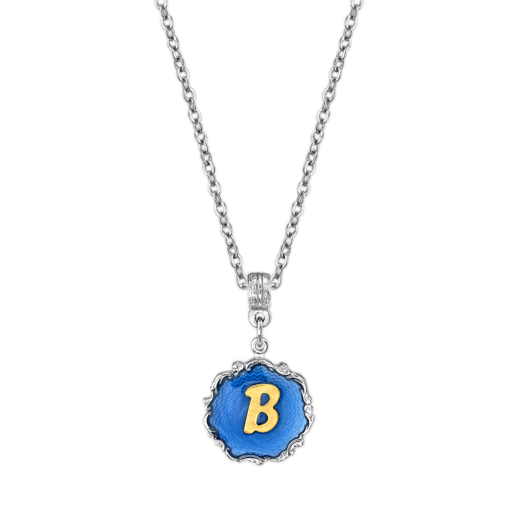 Silver Tone Blue Enamel Gold Tone Initial Necklace 16   19 Inch Adjustable B