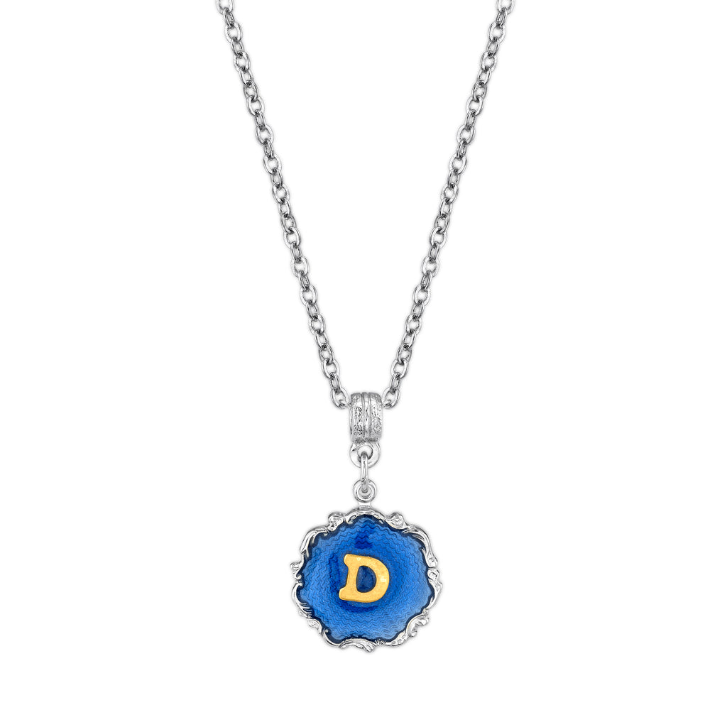 Silver Tone Blue Enamel Gold Tone Initial Necklace 16   19 Inch Adjustable D