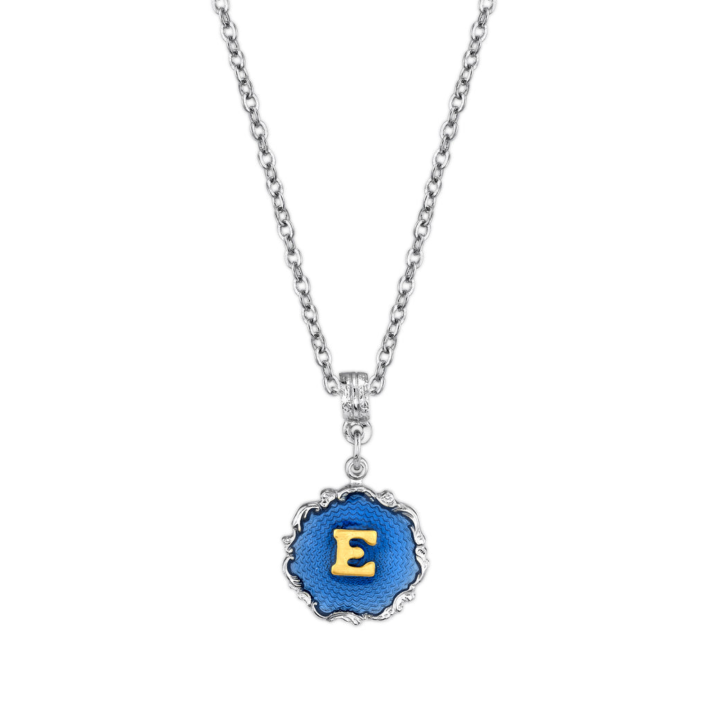 Silver Tone Blue Enamel Initial Necklace E