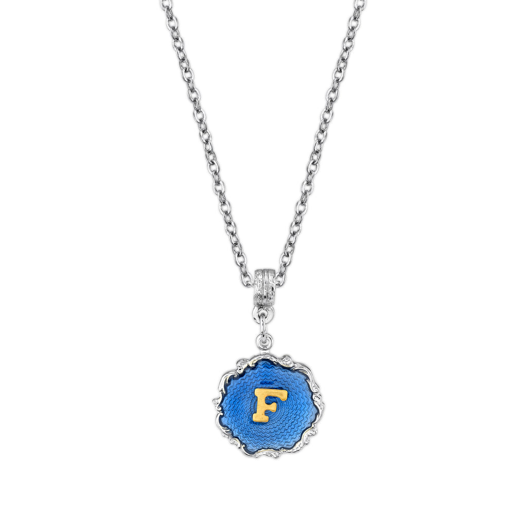 Silver Tone Blue Enamel Initial Necklace F