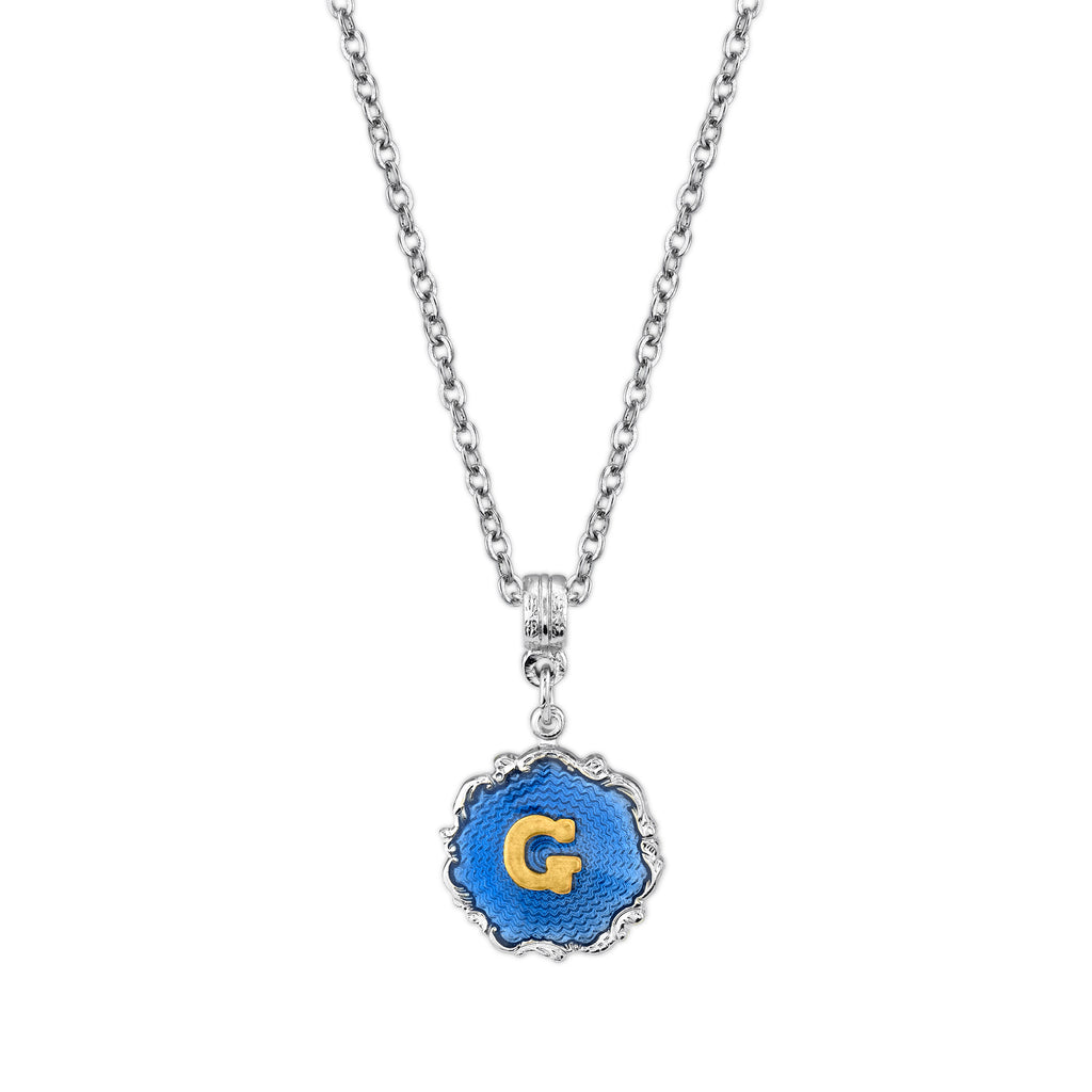 Silver Tone Blue Enamel Initial Necklace G