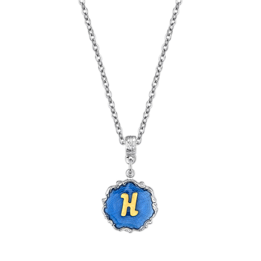 Silver Tone Blue Enamel Initial Necklace H