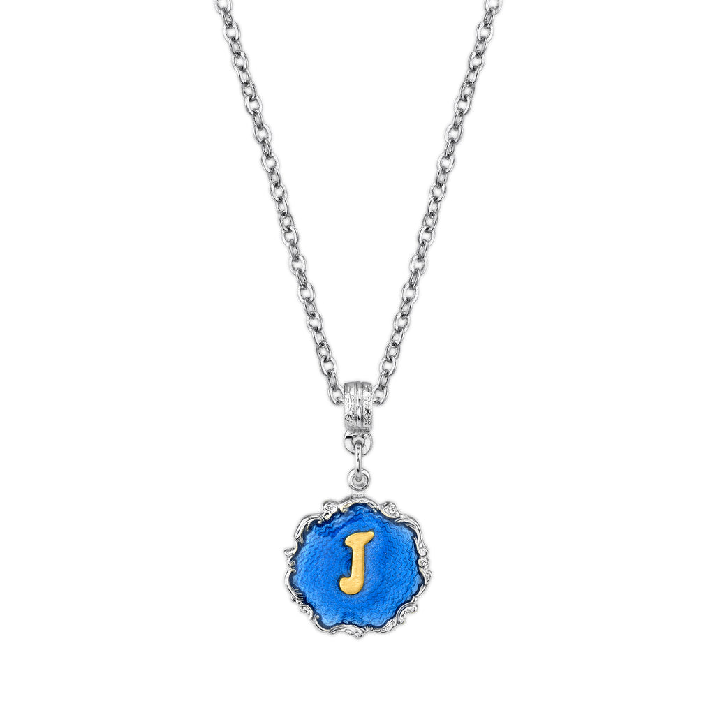Silver Tone Blue Enamel Initial Necklace J