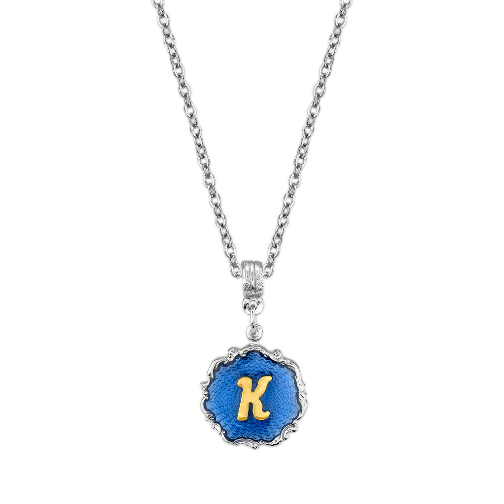 Silver Tone Blue Enamel Gold Tone Initial Necklace 16   19 Inch Adjustable K