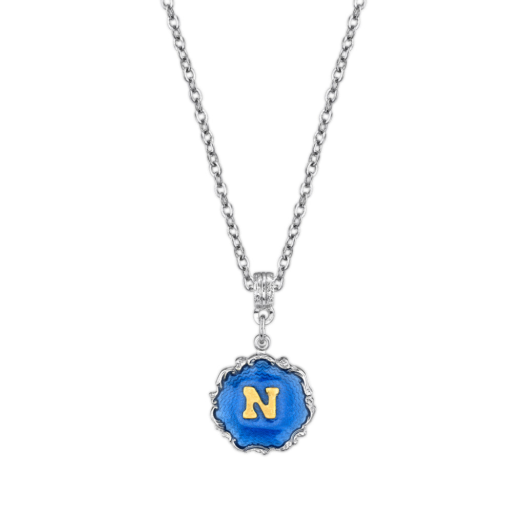 Silver Tone Blue Enamel Gold Tone Initial Necklace 16   19 Inch Adjustable N