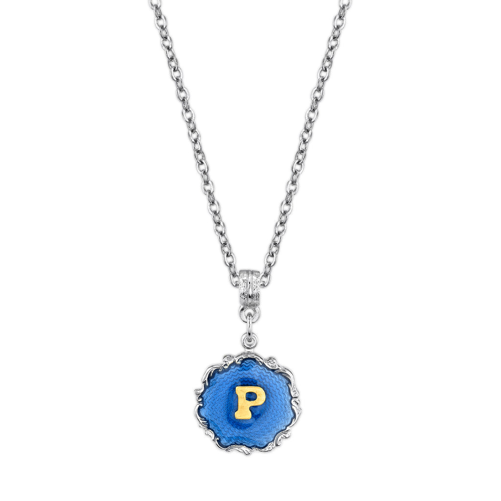 Silver Tone Blue Enamel Gold Tone Initial Necklace 16   19 Inch Adjustable P