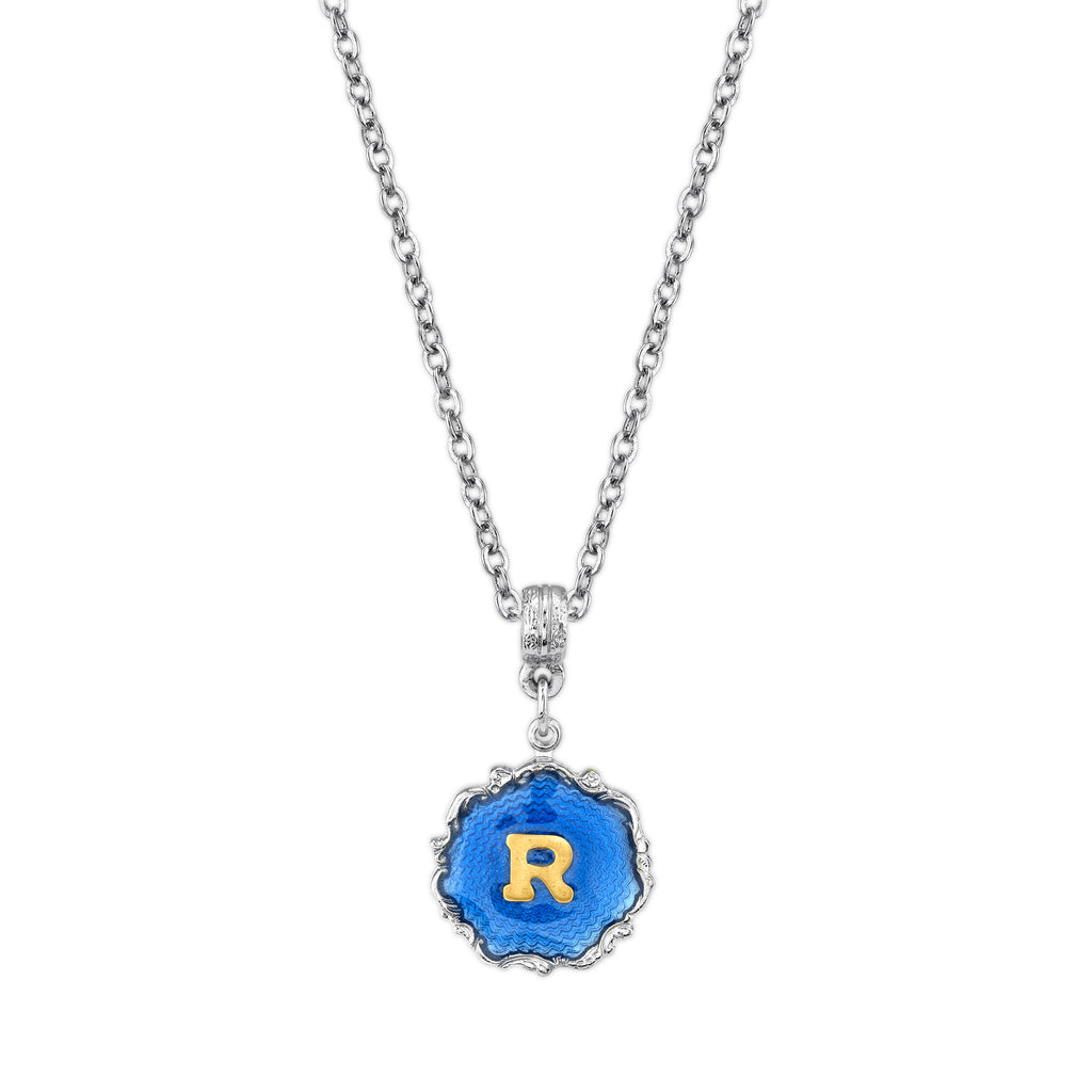 Silver Tone Blue Enamel Gold Tone Initial Necklace 16   19 Inch Adjustable R