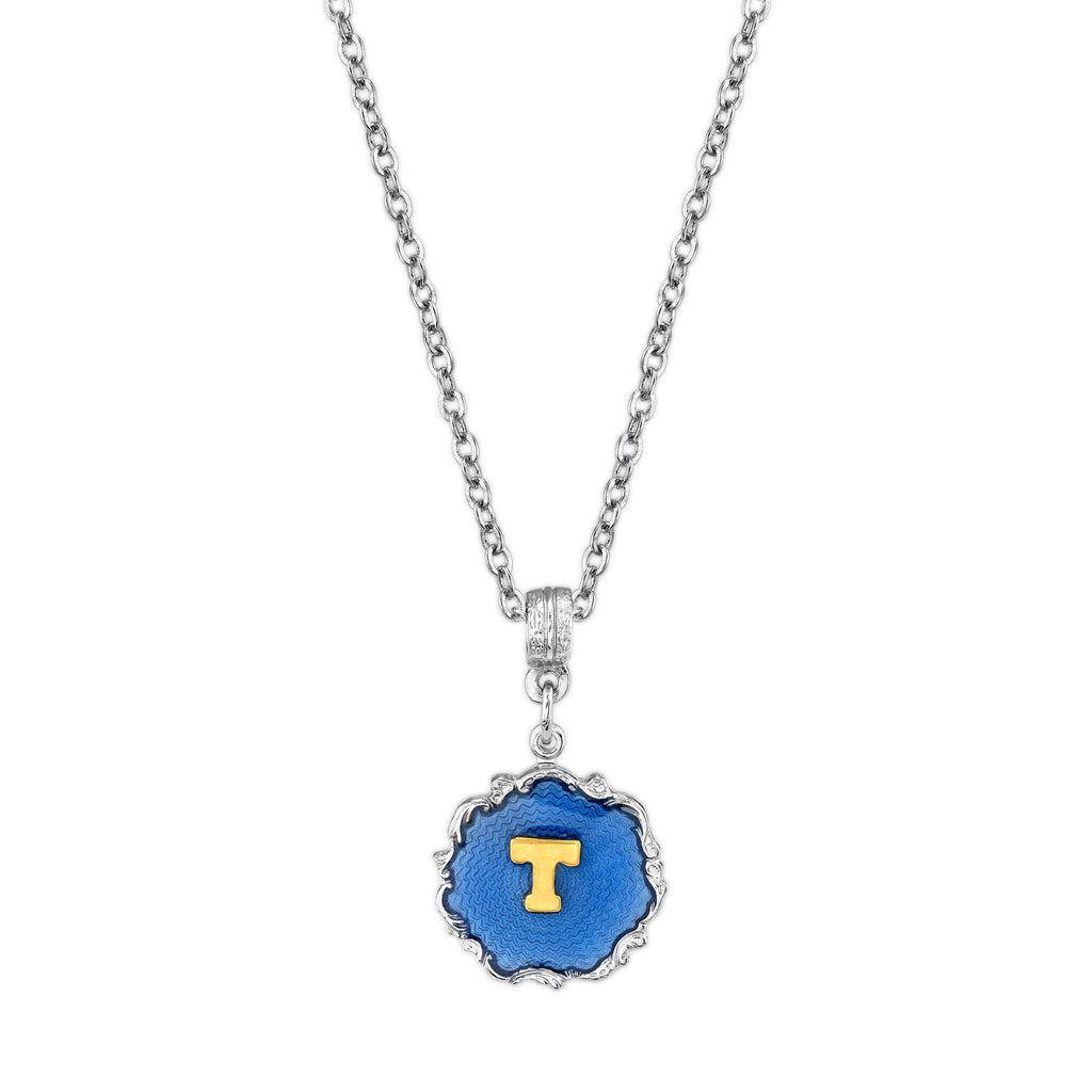 Silver Tone Blue Enamel Gold Tone Initial Necklace 16   19 Inch Adjustable T