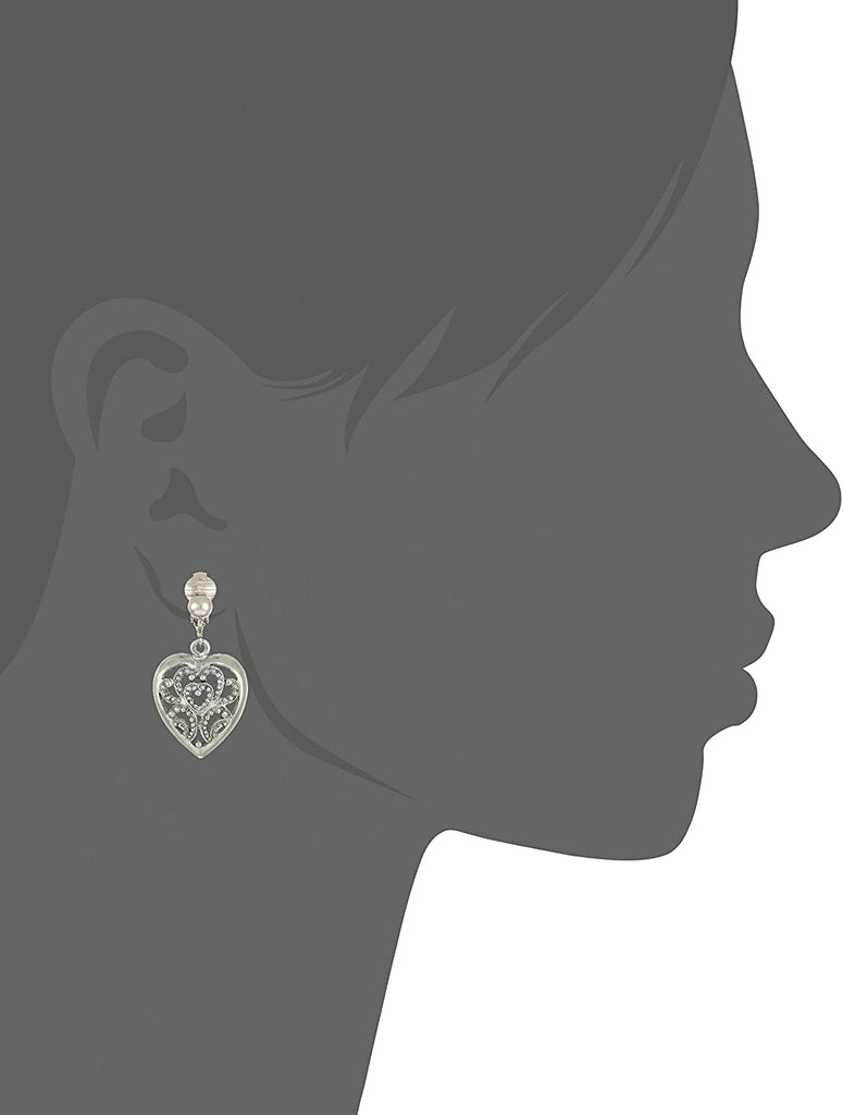 Silver Tone Filigree Heart Clip On Drop Earrings Silhouette