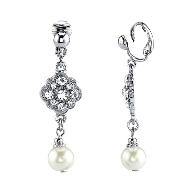 Flower Crystal And Faux Pearl Clip On Earrings