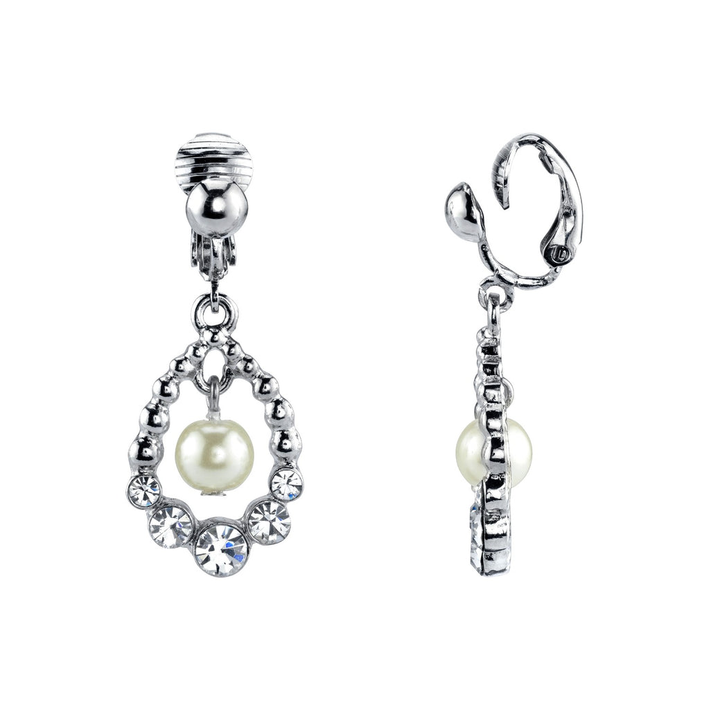 Faux Pearl And Crystal Clip On Drop Earrings