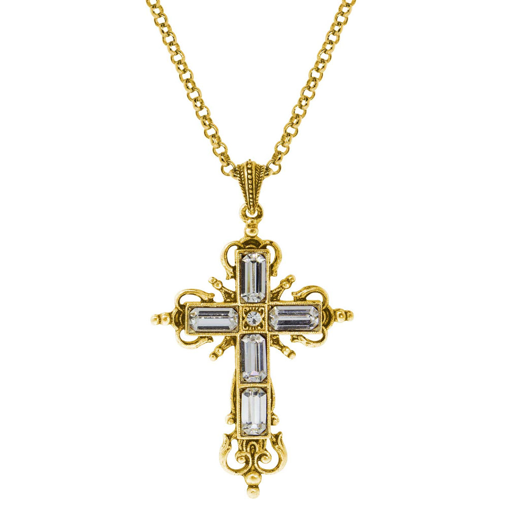 14K Gold Dipped Octagon Crystal Cross Necklace 18   21 Inch Adjustable