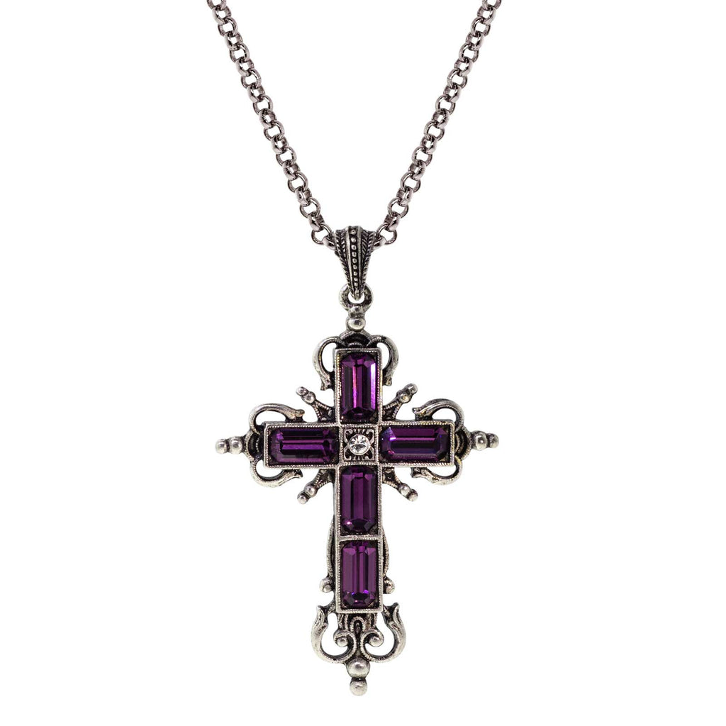 Silver Tone Crystal Cross Necklace 18 In Adj Purple