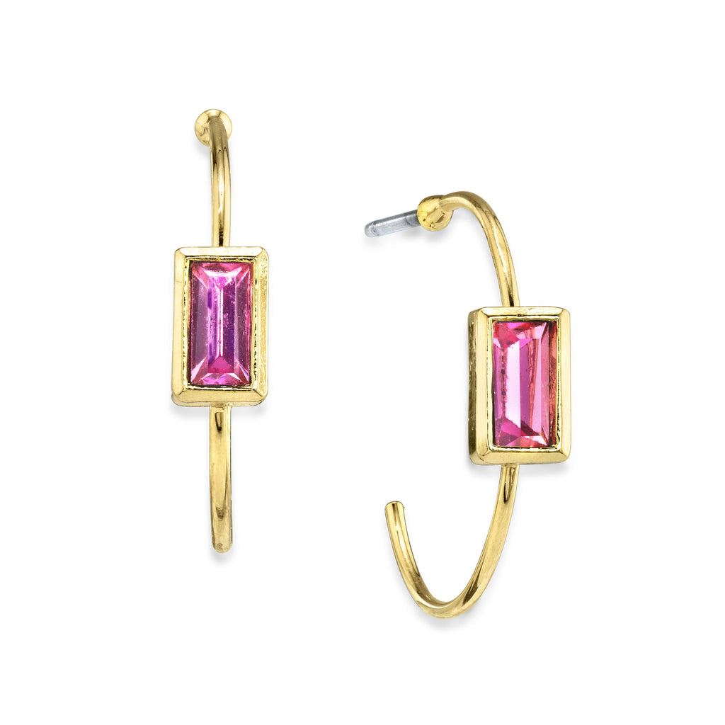 14K Gold Dipped Square Crystal Open Hoop Post Earring Pink