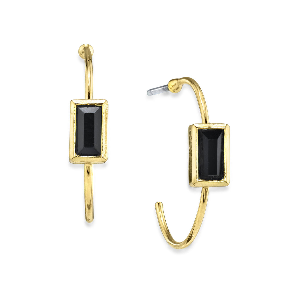14K Gold Dipped Square Crystal Open Hoop Post Earring Black