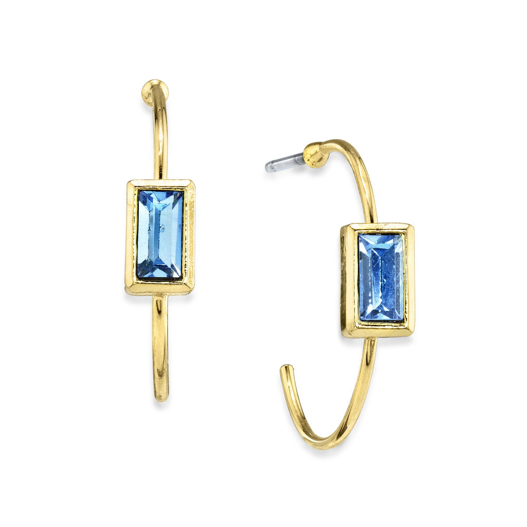 14K Gold Dipped Square Crystal Open Hoop Post Earring Blue